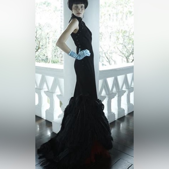Ostrich Feather Jewels Rosettes Couture Designer Black Satin Full Pleated Skirt - Picture 14 of 16